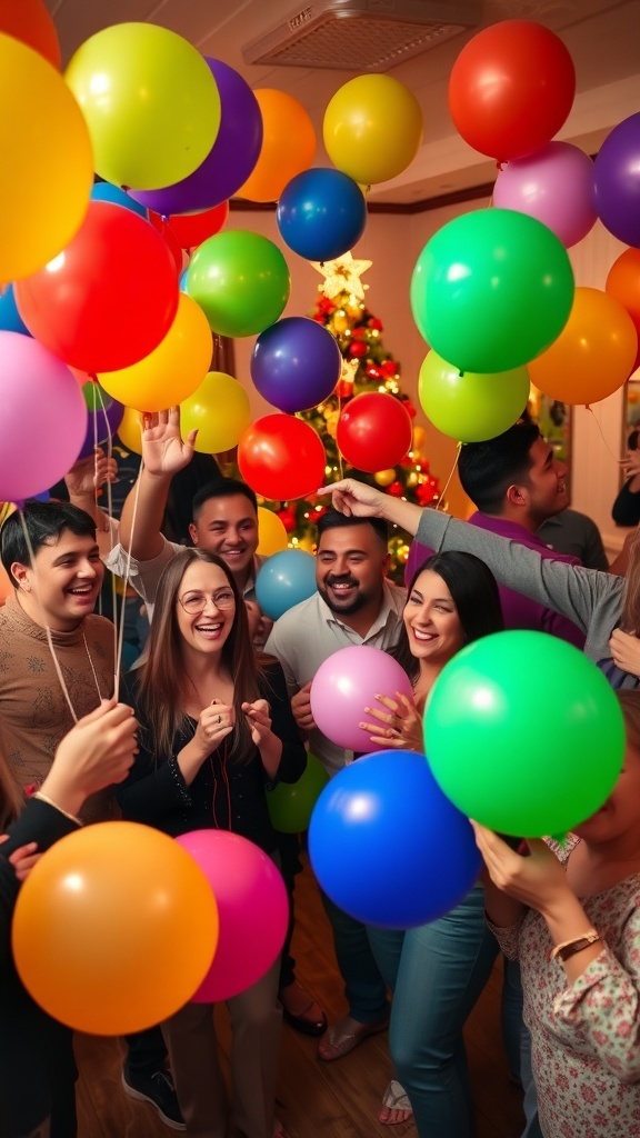Guests enjoying Christmas party games with colorful balloons in a festive setting.